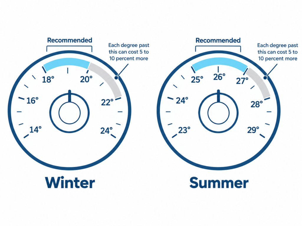 Recommended heating and cooling settings to lower your electricity bill: 18 to 20 degrees in winter, 25 to 27 in summer