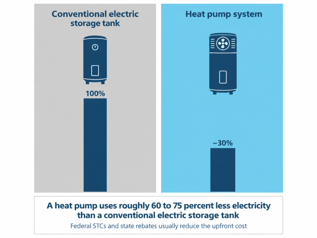 Heat pump hot water system using around 70 percent less electricity than a conventional electric storage tank