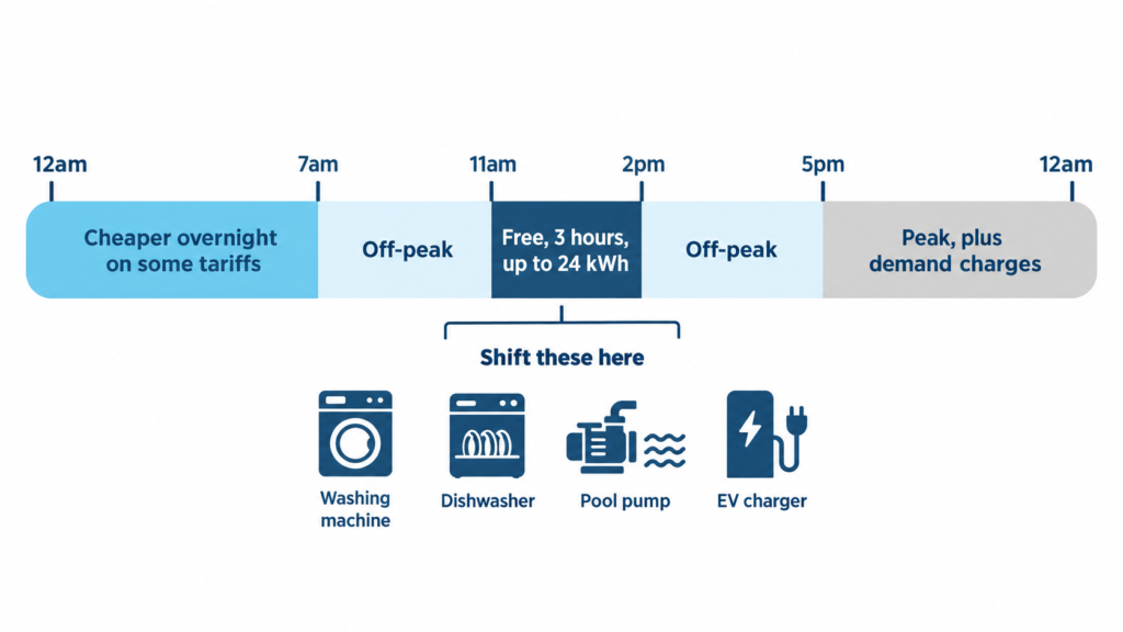 Daily electricity tariff timeline showing the free 11am to 2pm window and which appliances to shift into it