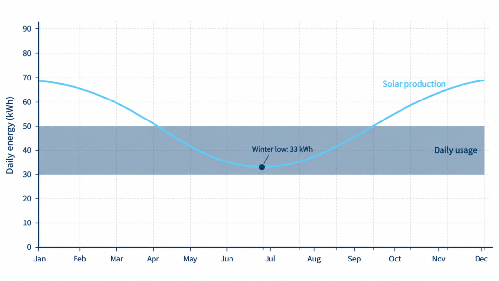 Three-tile graphic showing the Lenergy Offset Method system design: 13.3 kW solar, 33 kWh battery storage, northwest-facing roof.