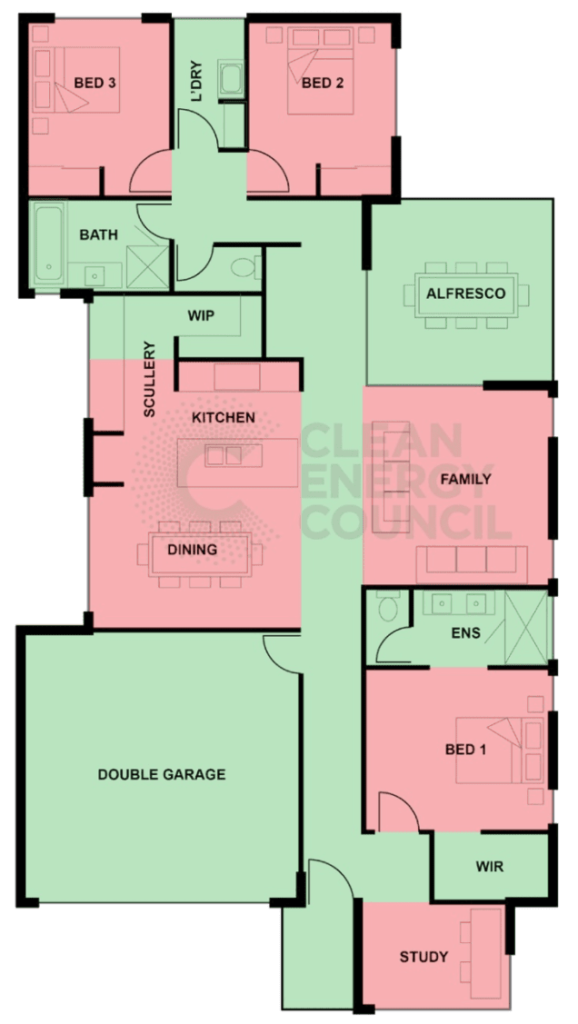 Floorplan showing habitable rooms (red) and non-habitable areas (green) for solar battery placement compliance in homes