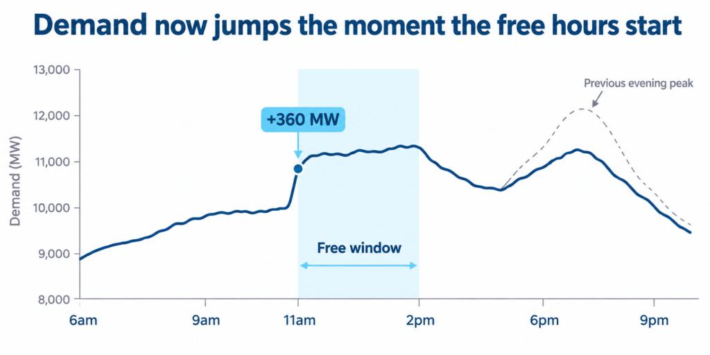 Line chart showing grid demand jumping 360 MW at 11am when free daytime electricity in Australia begins