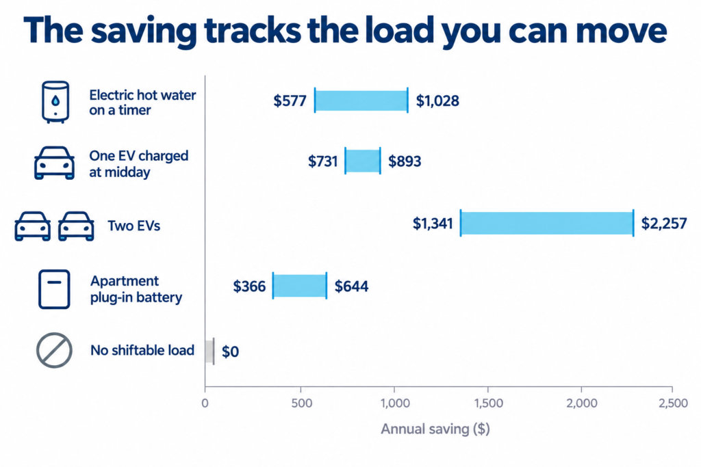 Bar chart of annual savings from shifting hot water, EV charging and battery use into the free daytime window