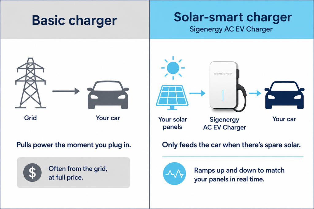 Split-panel infographic comparing a basic EV charger with a solar-smart charger, showing grid-powered charging versus charging from spare rooftop solar.