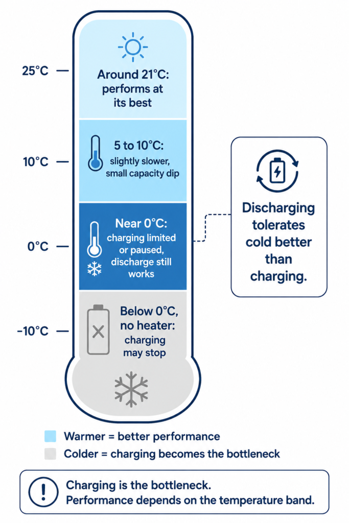 Vertical temperature scale showing how a solar battery behaves from 21 degrees down to below freezing, where charging may stop.