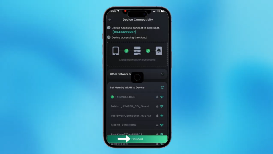 mySigen app showing cloud connection successful and the Finished button after reconnecting the Sigenergy SigenStor to Wi-Fi.