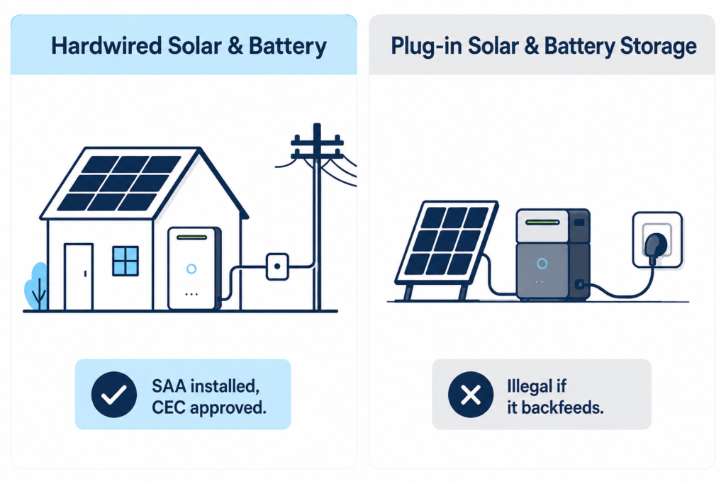 Comparison diagram showing plug-in solar Australia rules: hardwired rooftop solar and battery system approved with SAA installation and CEC approval, versus a plug-in solar and battery unit plugged into a wall socket marked illegal if it backfeeds power.