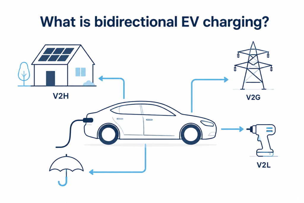 Diagram showing energy flowing from solar panels to an EV battery, and from the EV battery to the home, with the electricity grid shown as a backup connection only.