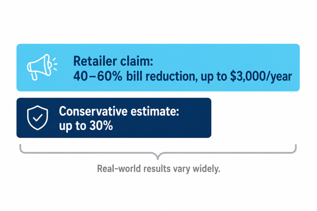 Bar chart comparing two vehicle-to-home charging savings estimates: a retailer claim of 40 to 60 percent bill reduction against a more conservative estimate of up to 30 percent.