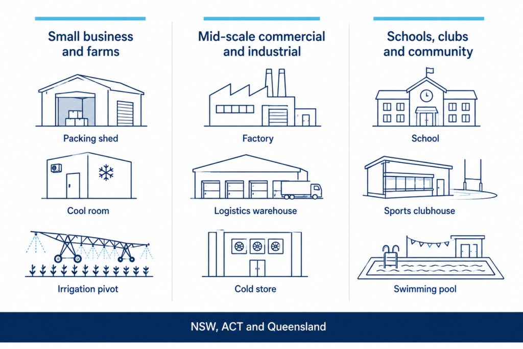 Business types eligible for commercial solar rebates in Australia, including farms, factories, warehouses, schools and sports clubs
