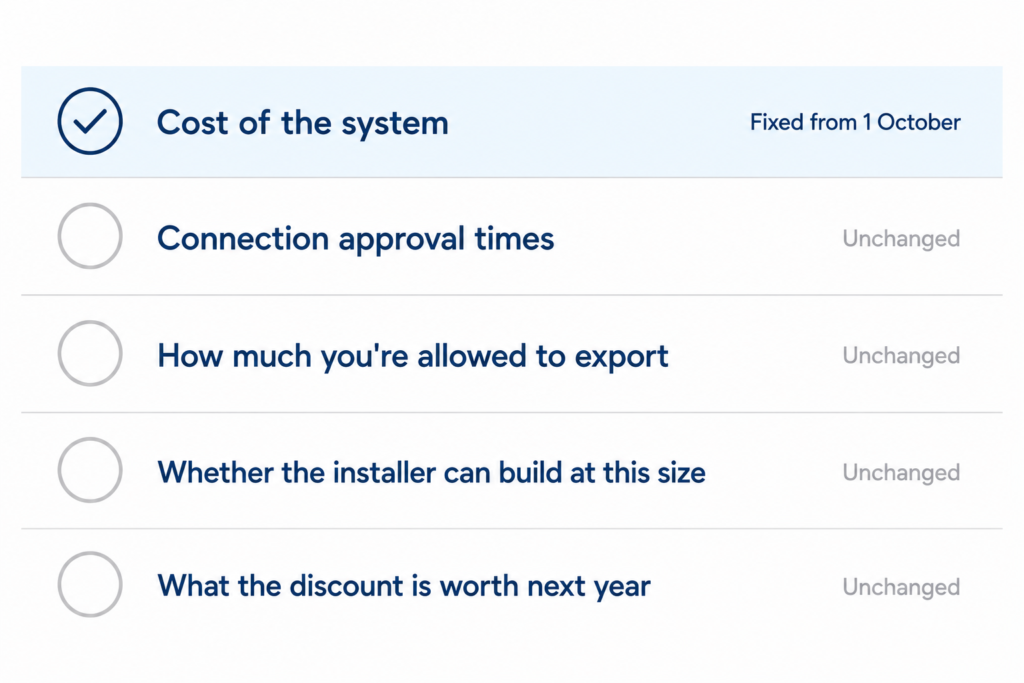 Checklist showing the commercial solar rebate fixes cost only, with connection, export and installer issues unchanged