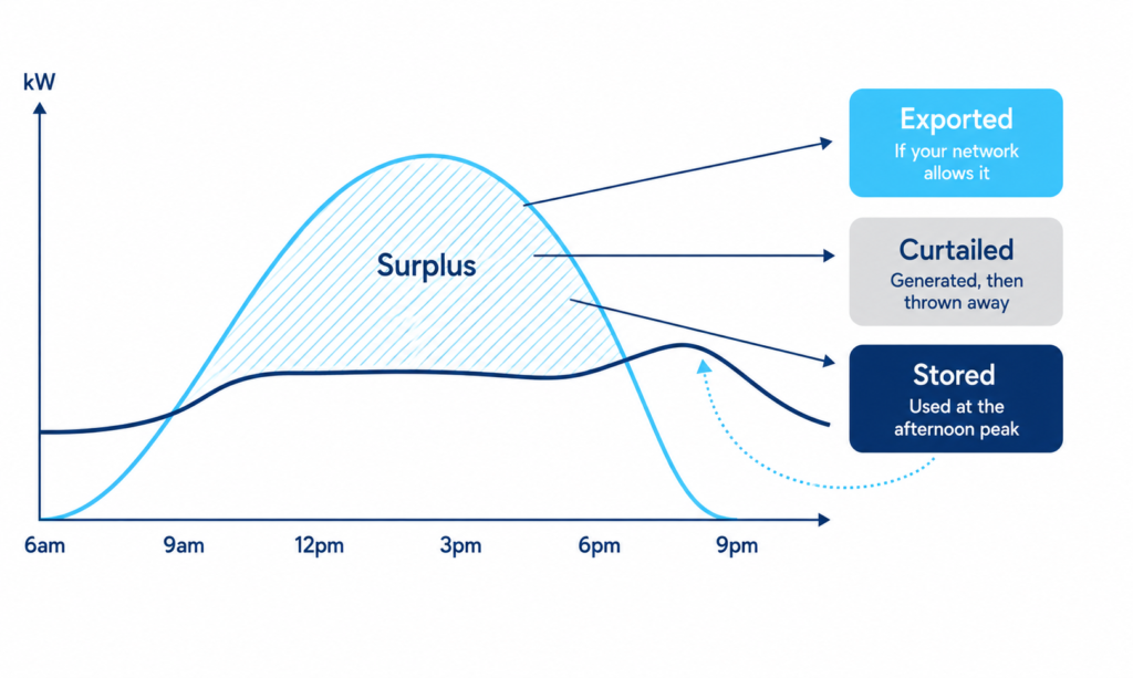 Daily chart showing surplus solar from a commercial system is either exported, curtailed or stored in a battery