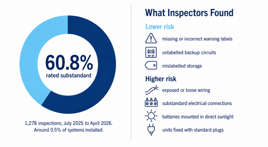 Donut chart showing 60.8 per cent of 1,278 inspected battery installations rated substandard, beside a list of the faults inspectors found.