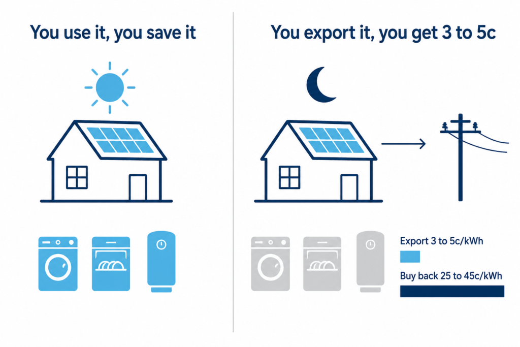 Split panel comparing solar self consumption at 25 to 45c a kWh against exporting for 3 to 5c a kWh.