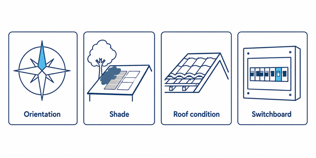 Four suitability checks if you are considering solar: orientation, shade, roof condition and switchboard, plus export limits.