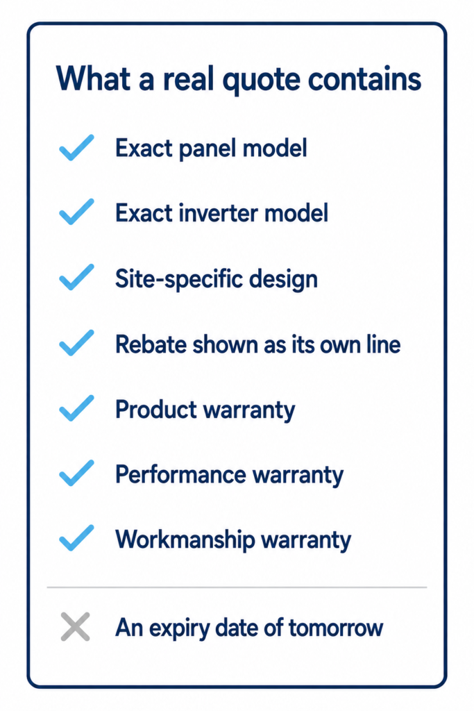 Checklist of what a solar quote must contain: exact models, site design, itemised rebate and three warranties.