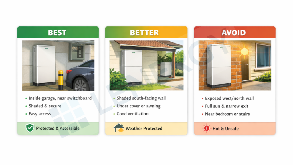 Solar battery placement guide showing best (garage), better (shaded wall), and avoid (sun-exposed unsafe areas) installation options