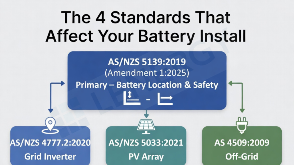 Diagram showing four key Australian standards affecting solar battery installs: AS/NZS 5139, 4777.2, 5033, and AS 4509